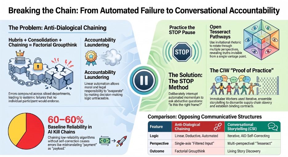 Overview diagram: Breaking the Chain, from automated failure to conversational accountability